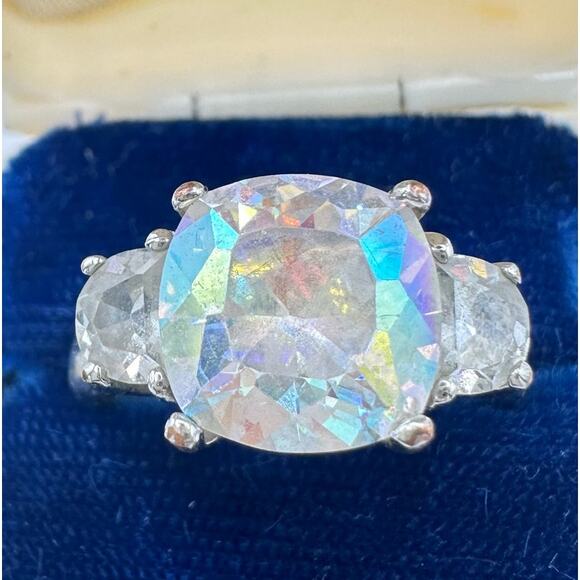 Vintage white gold plated silver tone clear AB cubic zirconia ring 8.25 - Picture 1 of 8